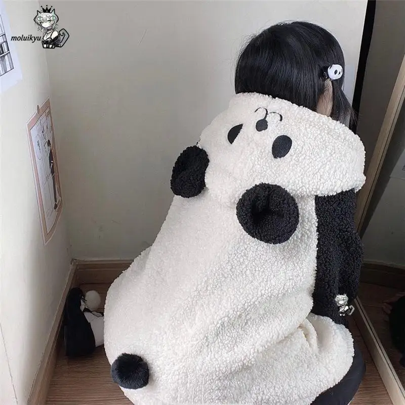 Cartoon Women Cute Panda Plush Hoodie Coat Black White Fuzzy Fluffy Oversized Zip Up Jacket Winter Warm Kawaii Girls Outfit