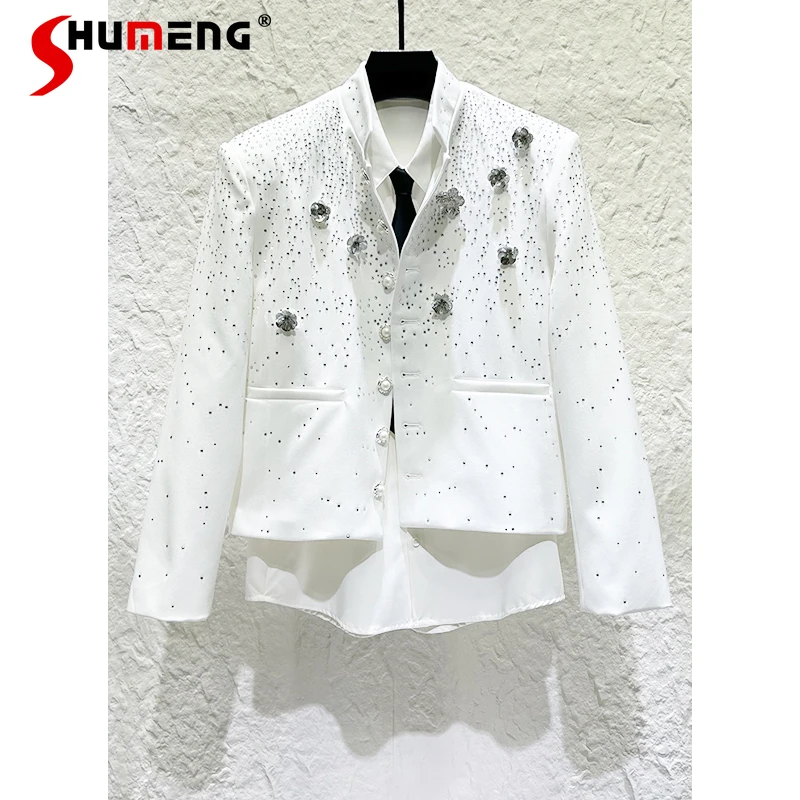 2025 الخريف الرجال حجر الراين تصميم ثلاثي الأبعاد زهرة دعوى مجموعات الرجال الراقية ضوء السترات الفاخرة السراويل قطعتين مجموعات