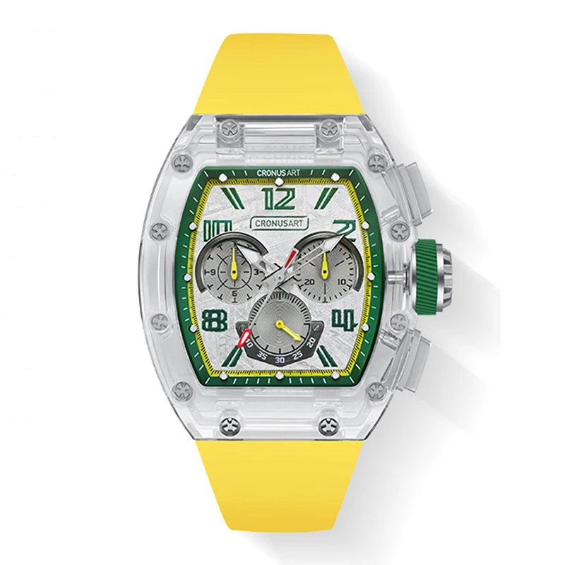 CRONUSART Men Chronograph Watch 50mm Tonneau Mechanical Wristwatch Luminous Sapphire Case Skeleton Meteorite Dial