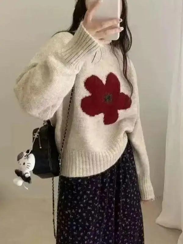 Korean Style Loose Fit Purple Knitted Sweater Women's Overhead Soft Floral Top Breathable Comfortable Long Sleeve round Neck
