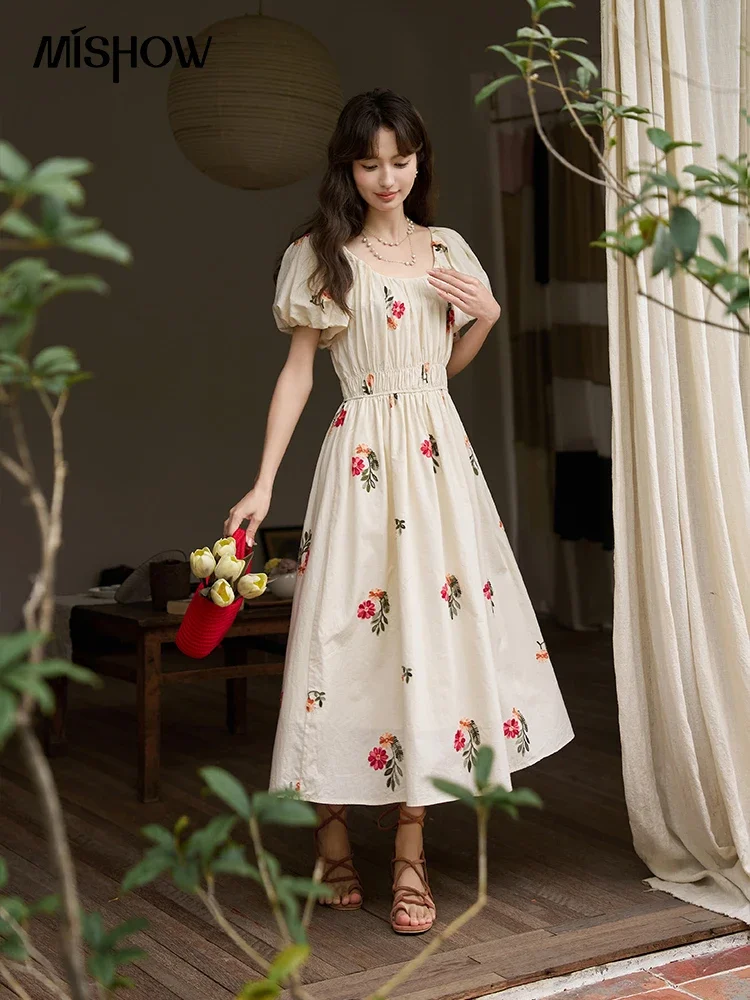 MISHOW Fairycore Printing Flower Dresses for Women 2023 Summer A-line Square Collar Puff Sleeve Elegant Holiday Dress MXC35L1521