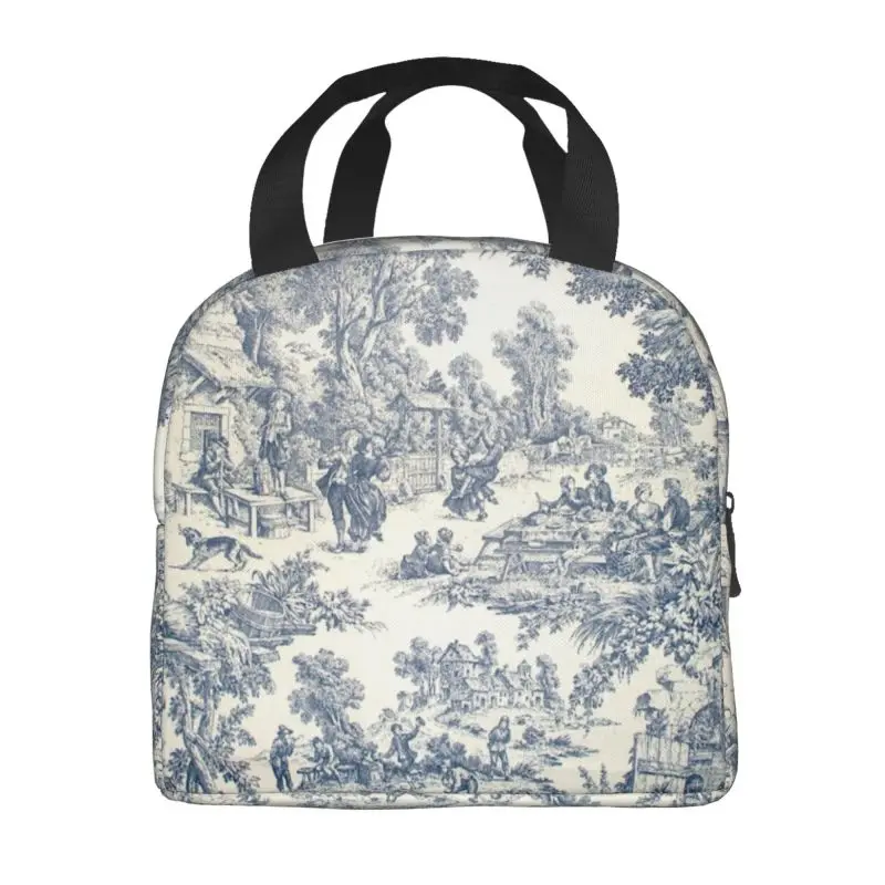 Toile De Jouy Number 2 Insulated Lunch Bag for Outdoor Picnic French Navy Blue Motif Waterproof Cooler Thermal Lunch Box