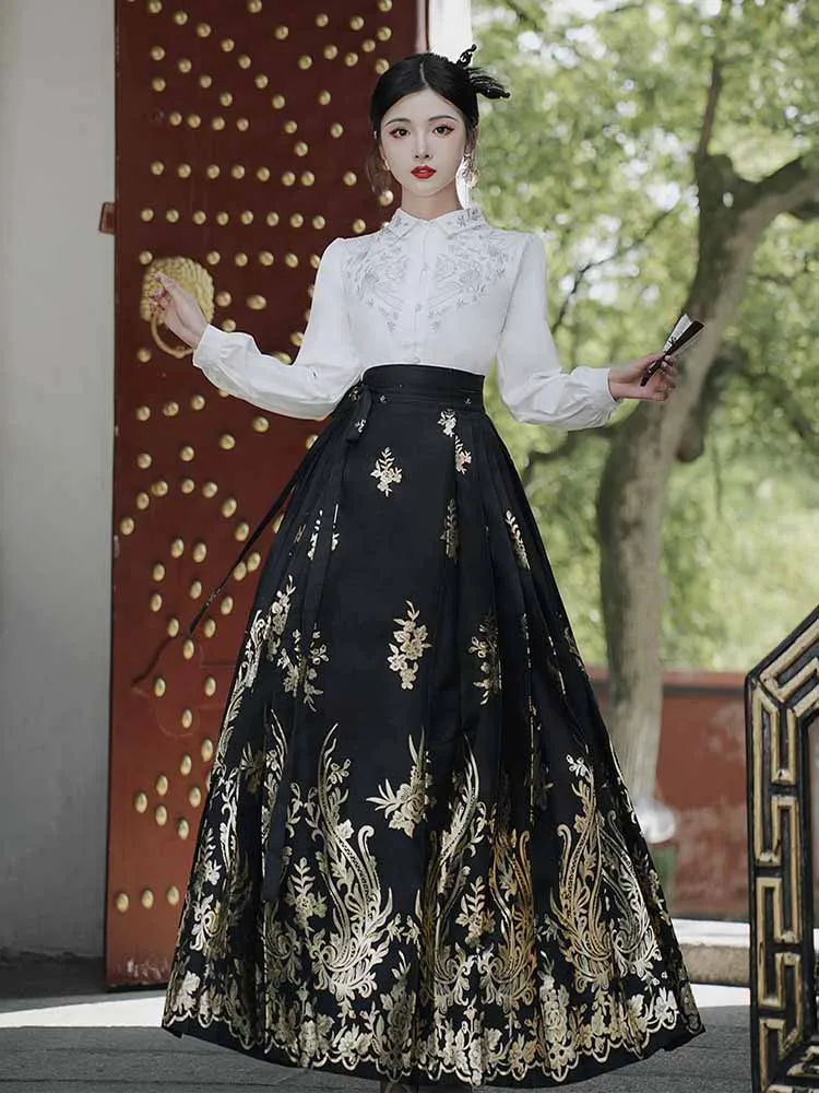 Chinese Horse Face Skirt Sets Women Ming dynasty Modern Jacquard Black Hanfu Long Sleeve Shirt Pleats Skirt Sets  Plus Size XL