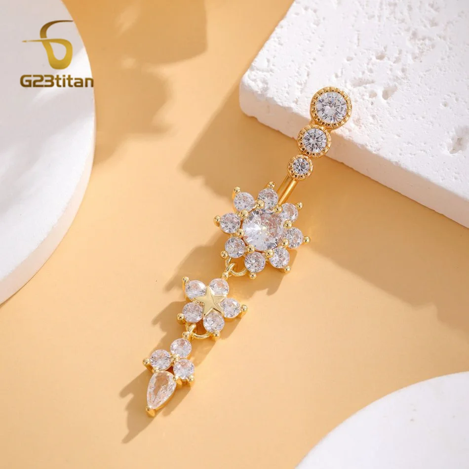 Women's Crystal Flower Navel Piercing Jewelry Body Dangle Barbell Bar Belly Button Ring 8mm 12mm 14mm 16mm Titanium Navel Curve view 4