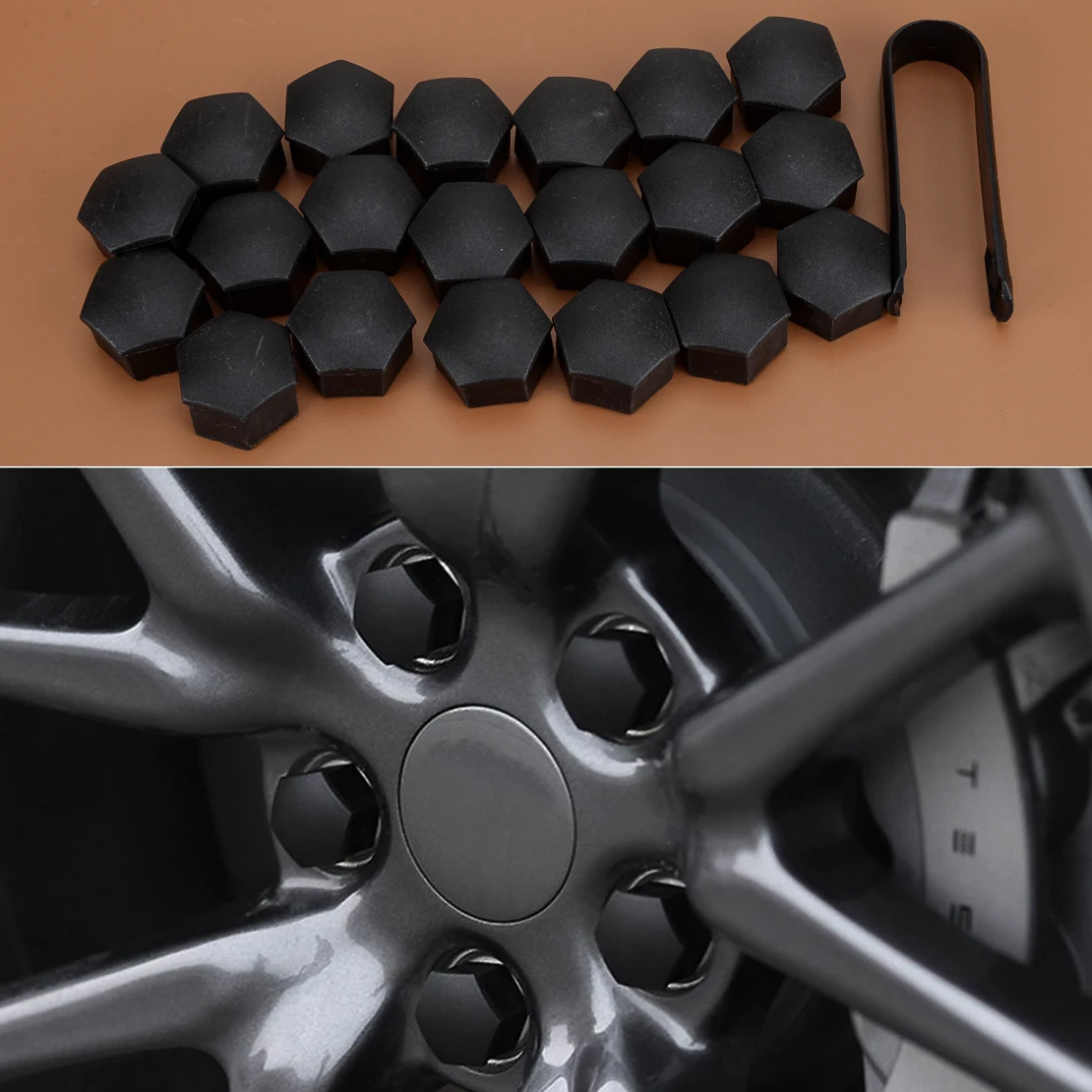 20pcs/Set 21mm Car Wheel Lug Nut Cap Cover with Puller Black Plastic Fit for Tesla Model 3 X S