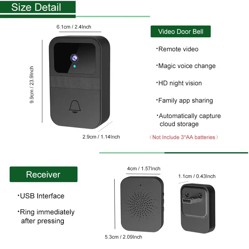 Smart Home Wireless Video Doorbell 2-Way Audio HD Video Doorbell Camera Cloud Storage Night Vision 2.4G WiFi for Home Office