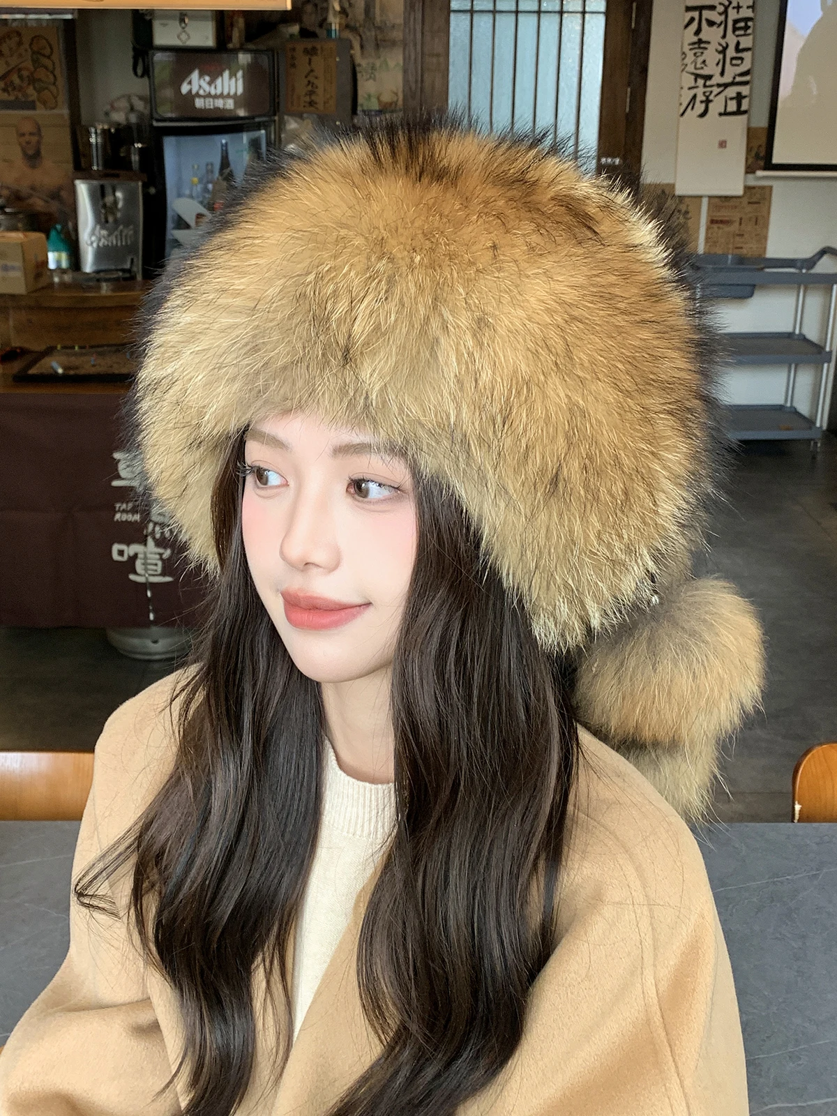 

ICYMI Whole Piece Raccoon Fur Hats Unisex Super Warm Russian Outdoor PomPom Caps Skiing Snow Real Fur hats Women Men's Headgear