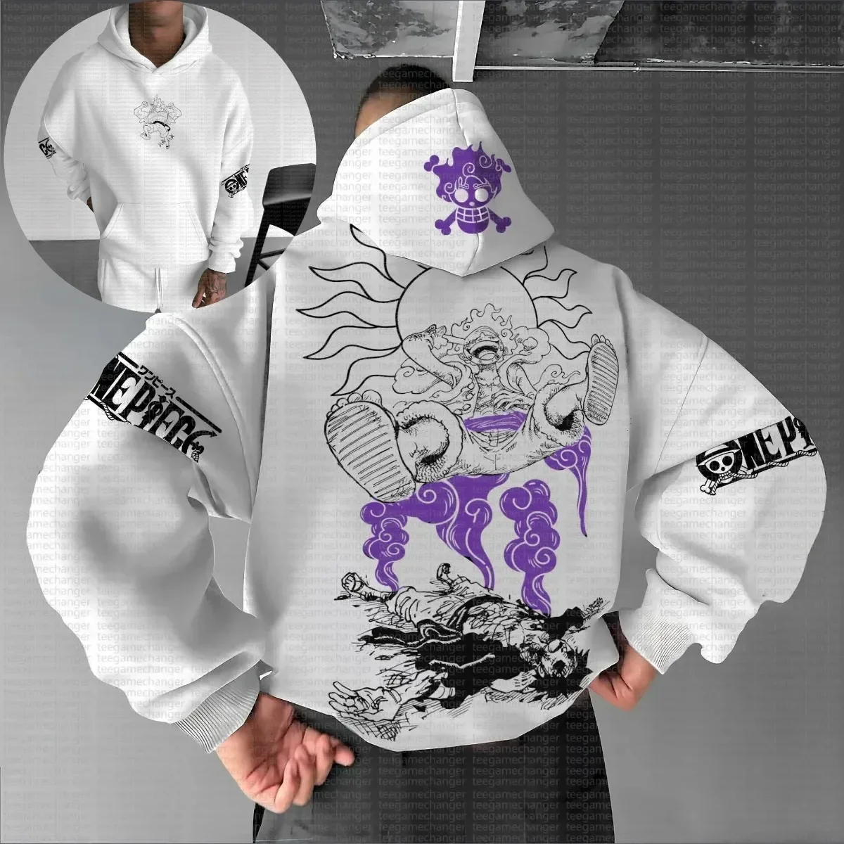 One Piece Ruffy Gear 5 Trend Explosion 2025, Rückendruck, weißer Kapuzenpullover für Herren, Baumwolle, lässig, Herbst, Winter, Streetwear, Anime, Cosplay