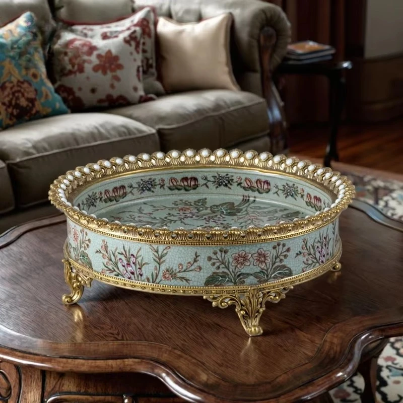 Chinese French round tray hand-painted flower pattern brass porcelain fruit bowl desktop wedding home decoration