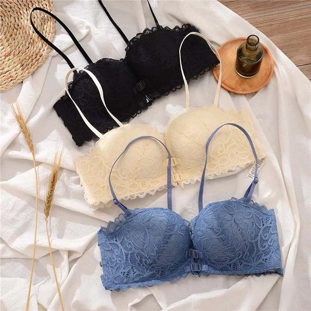 

Double Front Buckle Sexy Lace Bras Shockproof Gathered Breasts Wireless Deep V Bra Anti-sagging Lace Brassiere for Women
