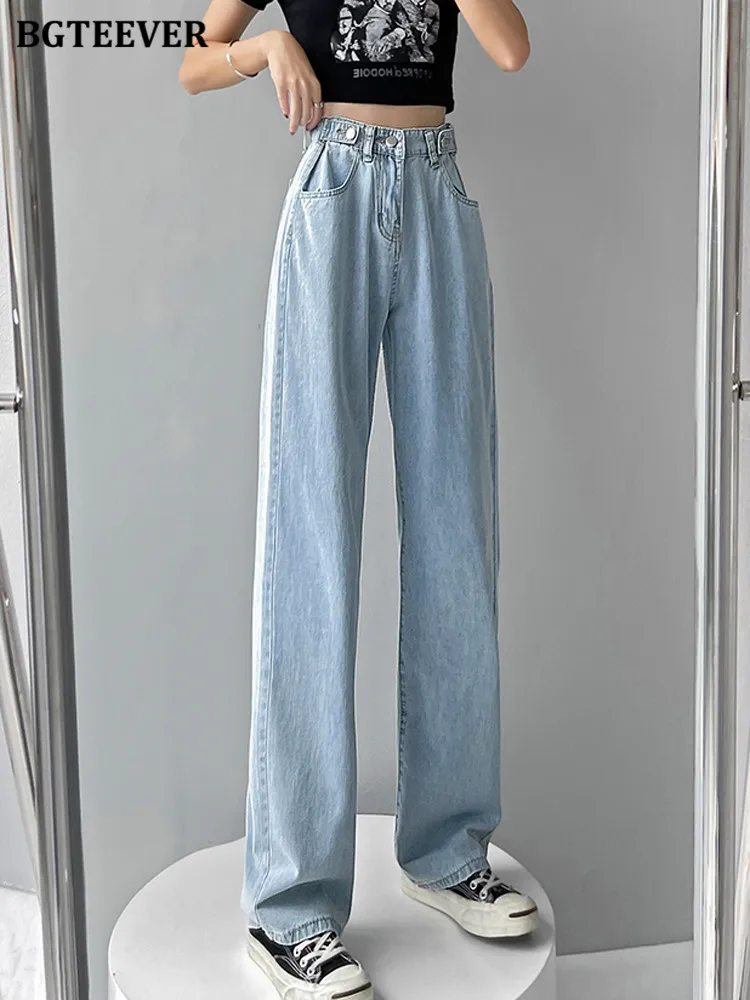 Bgteever casual senhoras calças jeans longas verão fino mulheres jeans cintura alta bolsos soltos feminino perna larga calças jeans