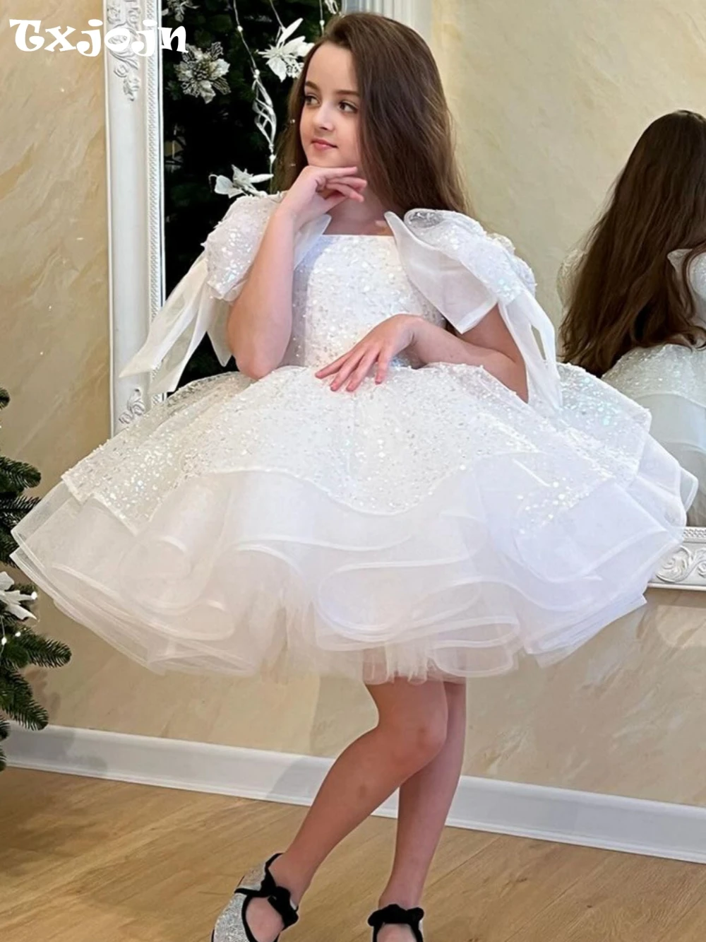 Glitter Sequins Bow Ball Gown For Kids Piano Contest Performance Cute Bow Sleeveless Girls Dresses Birthday party Customized