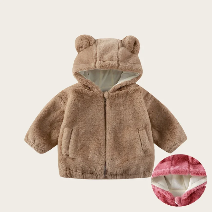 

Winter New Kids' Fleece Jacket Cute Ear Hooded Solid Color Zipper Coat Toddler Children's Warm Outerwear for Boy