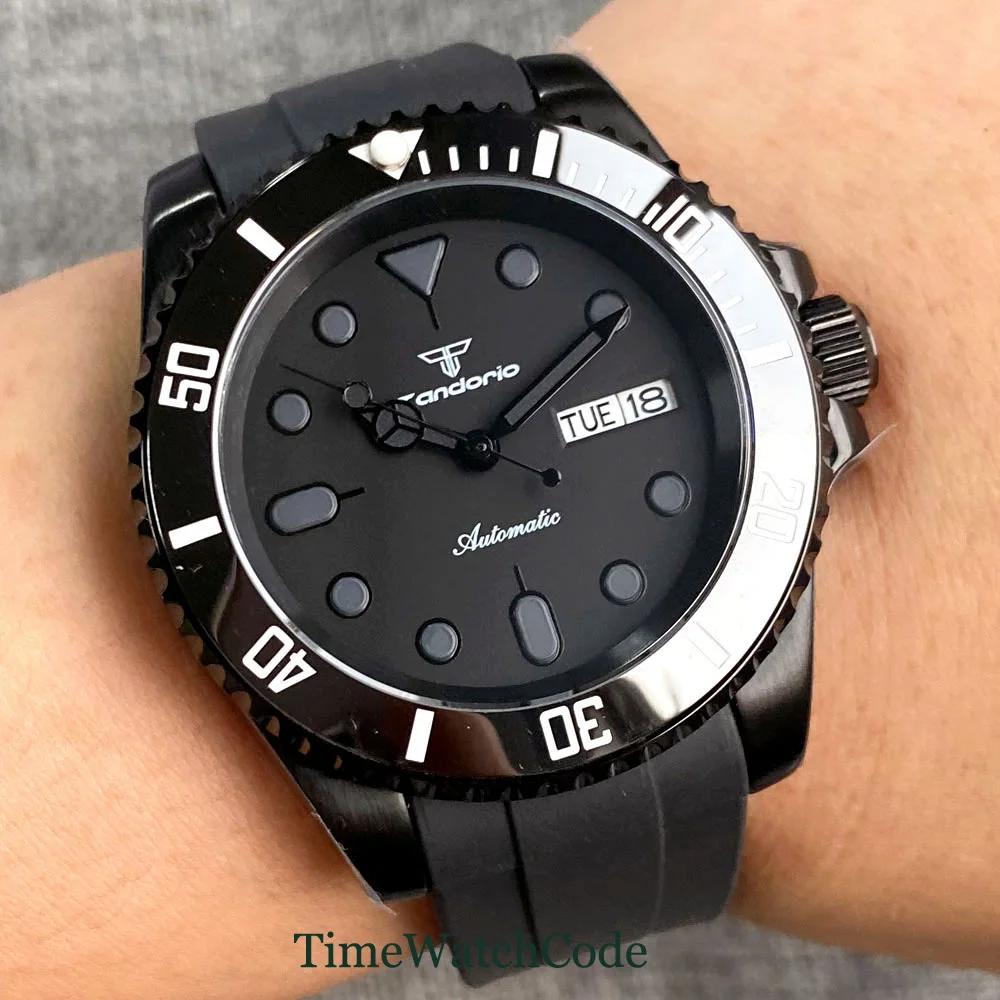 Tandorio Automatic Diver Watch for Men 40mm NH36 Movement 200m Water Resistant Black Dial Sapphire Crystal Date Day Rubber Strap