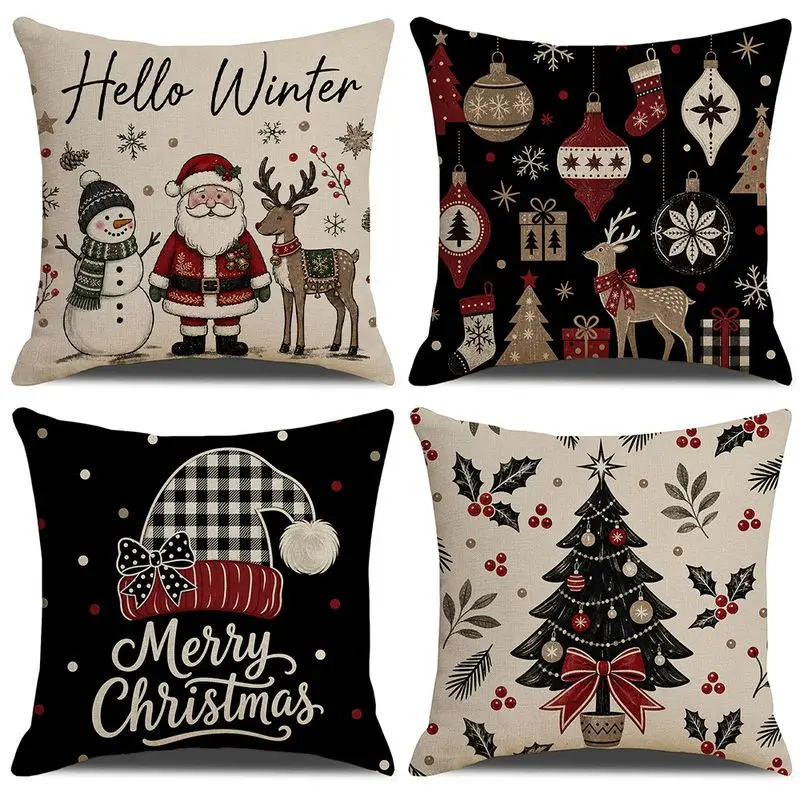 VIKAMA Xmas Cushion Cover Holly Berry Black Christmas Tree Print Pillowcase No Insert Included for Living Room Office Home Decor