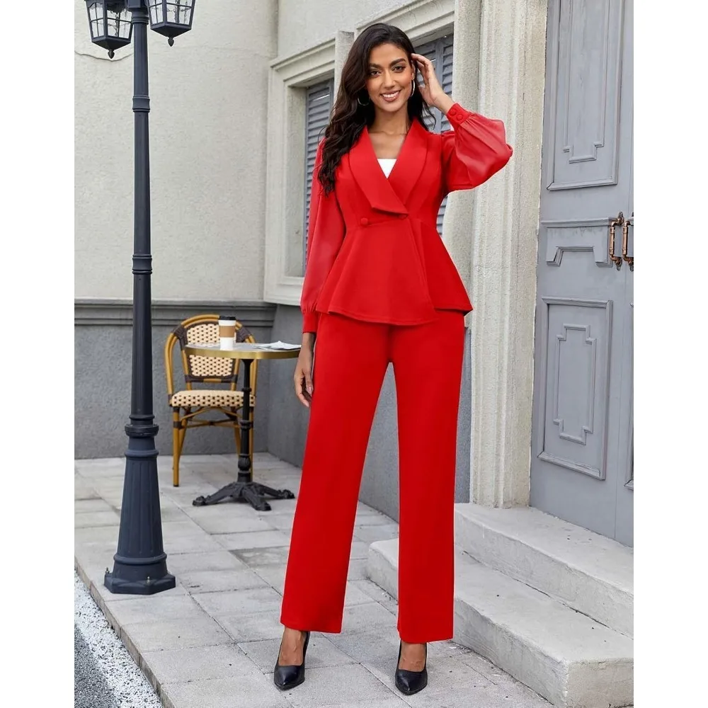 بدلات بناطيل للنساء، سترة مكشكشة بأكمام شفافة شبكية أنيقة، سراويل واسعة الساق، أطقم ملابس عمل غير رسمية