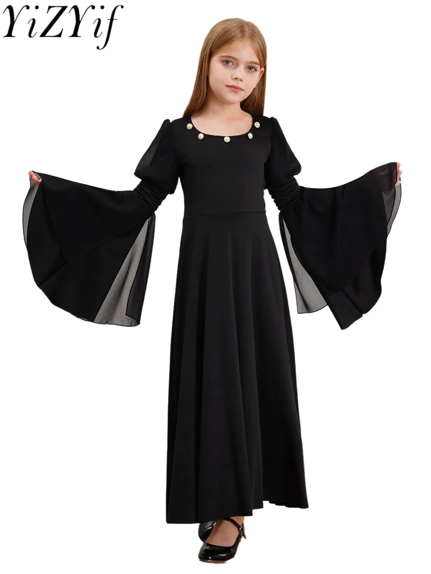 

Girls Medieval Renaissance Princess Costume Long Bell Sleeve Lace-up Maxi Dress Vintage Retro Halloween Cosplay Party Robe Gown