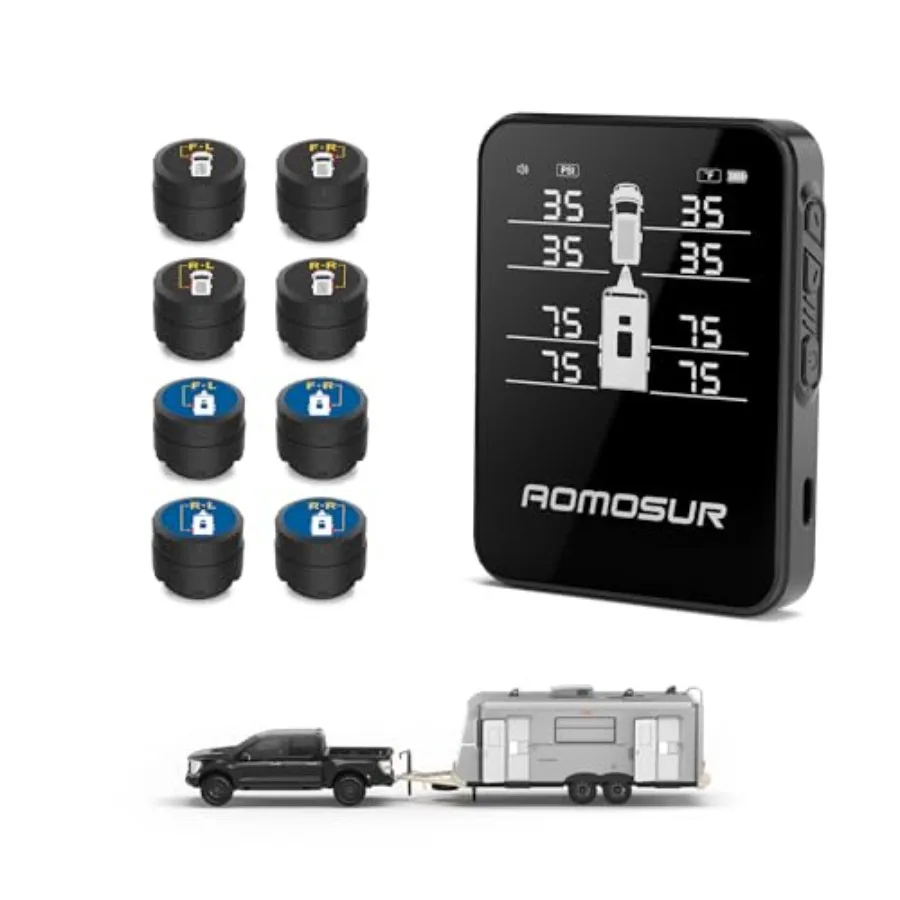 

Wireless Tire Pressure Monitoring System for RV Travel Trailer Camper TPMS Gauge 0-108 PSI Range Color Display Smart Sensors an