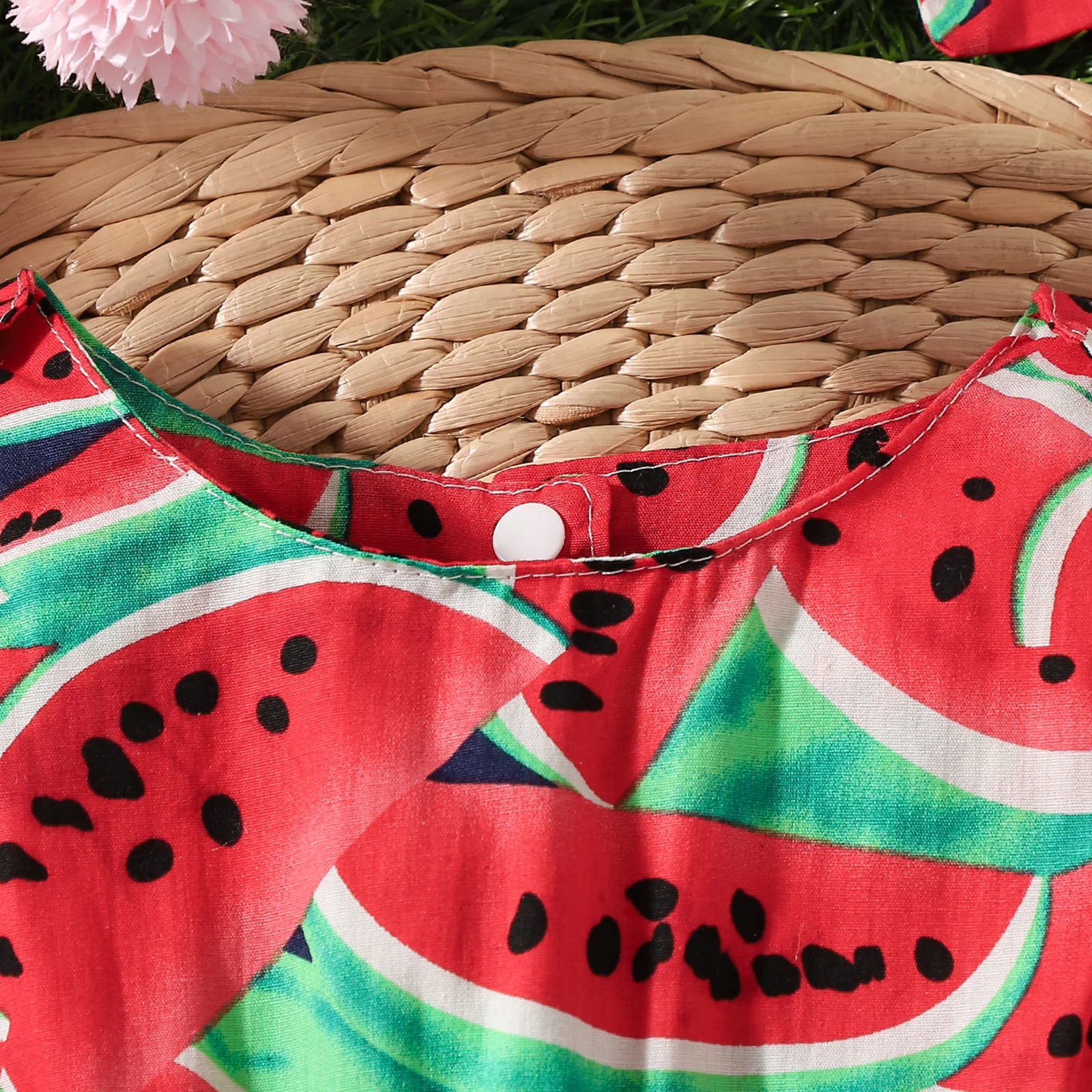 Summer Baby Girl Cartoon Watermelon & Lemon Printed Lower Back Jumpsuit Romper+Headwear