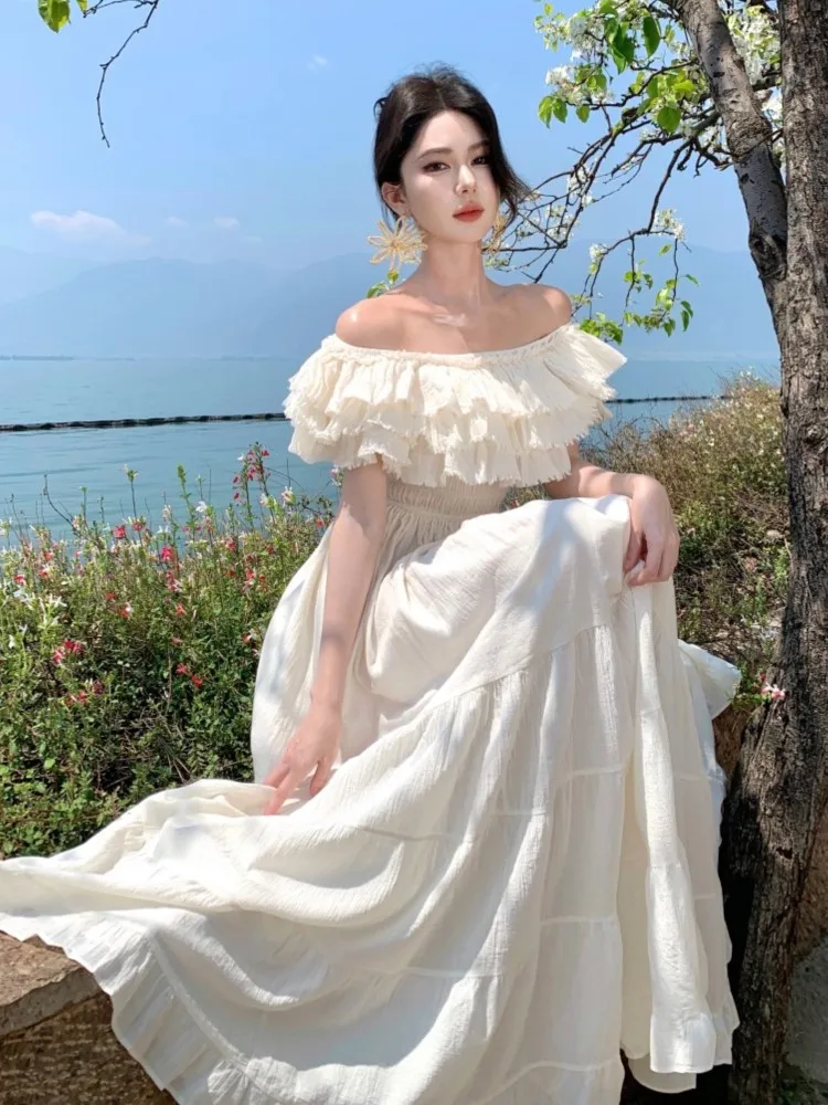 Feminino elegante sem alças em camadas babados a linha vestidos bege sexy fora do ombro magro plissado vestido longo roupas de festa de férias