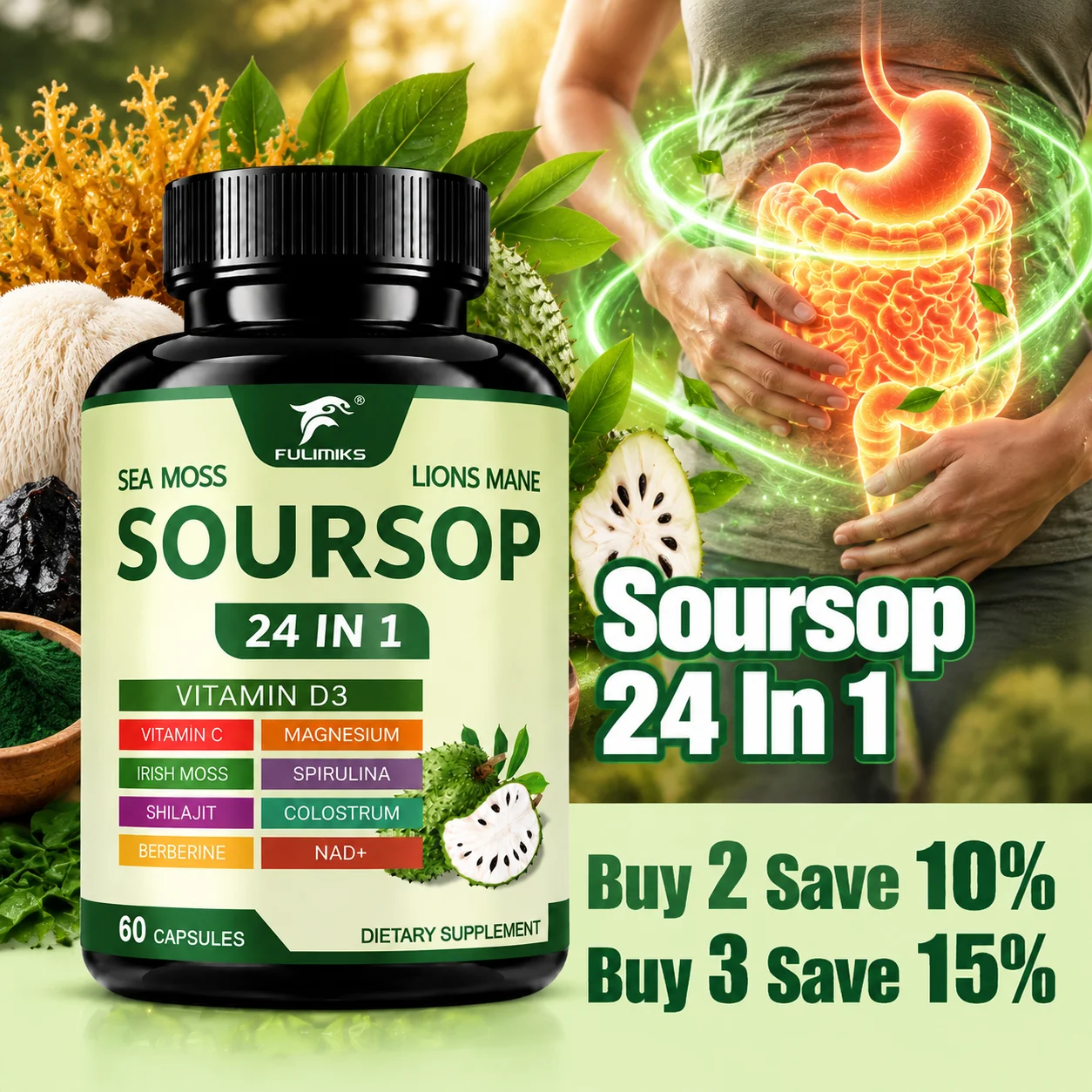 FULIMIKS Soursop 24 in 1 Supplement, with Sea Moss & Lions Mane, Support Brain & Nerve Health, Antioxidant, Immune, Vitality