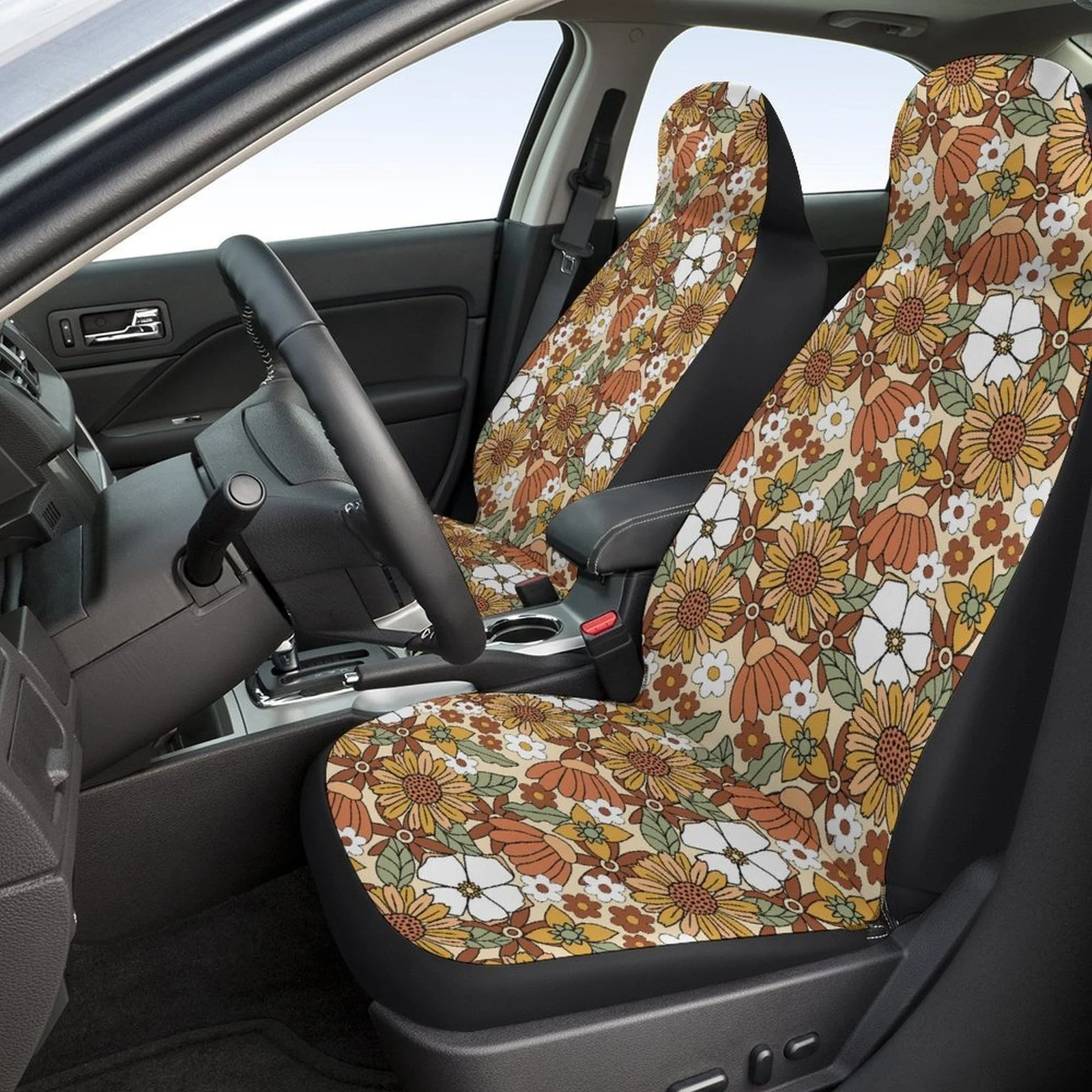 2pcs Casual Small Yellow And White Floral Print Car Interior Seat Covers, Breathable And Non-Slip, Front Car Seat Covers