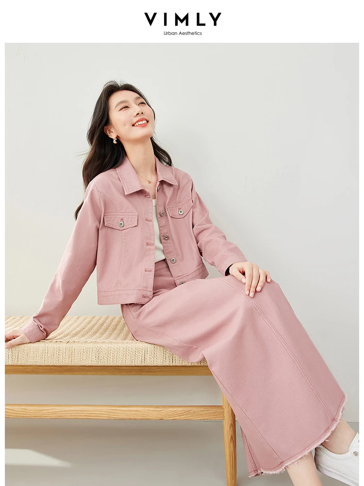 Vimly Pink Denim Skirts Set Women 2024 Spring Two Piece Outfits Fashion Casual Matching Sets Cropped Jacket Maxi Skirts 72970