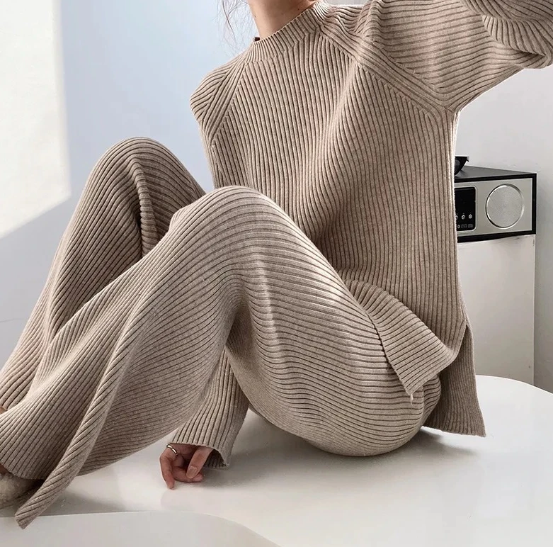 

Осенне-зимние комплекты из двух предметов, женский вязаный толстый свитер, повседневные прямые брюки с длинными рукавами и воротником-стойкой, однотонные сращивания