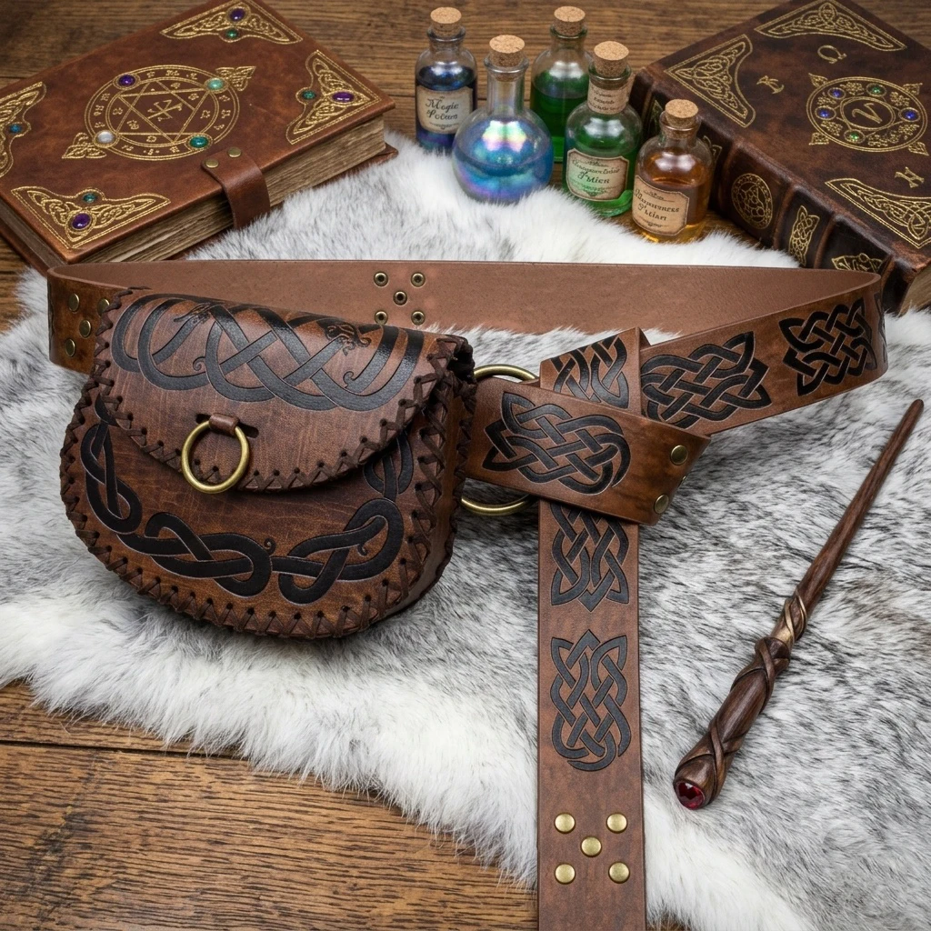 Medieval Viking Embossed Leather Waist Belt with Celtic Patterned Fanny Pack Cosplay Props Renaissance Costume Accessorie