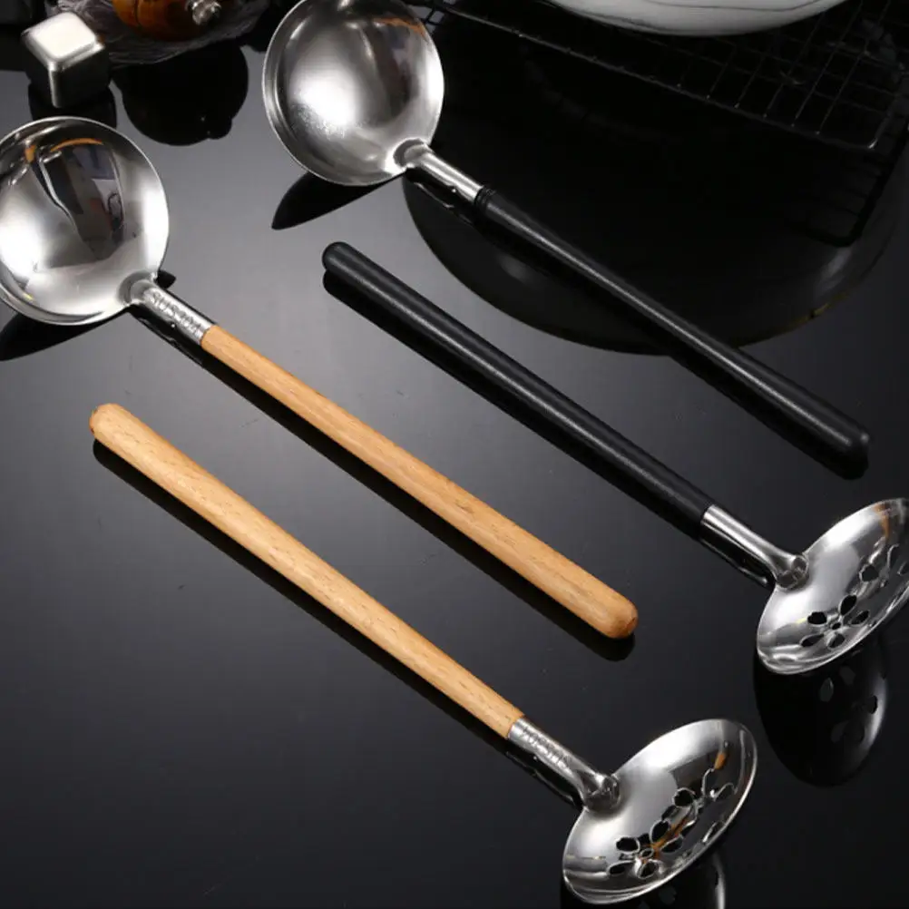 2Pcs 304 Stainless Steel Slotted Ladle Soup Spoon Wooden Handle Multi-Functional Kitchen Ladle for Hotpot Salad Gravy Beans