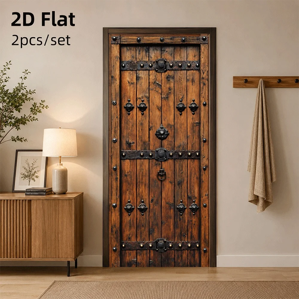 1 piece of vintage antique wooden door with imitation medieval metal rivet decoration, creating a European retro atmosphere 2D p
