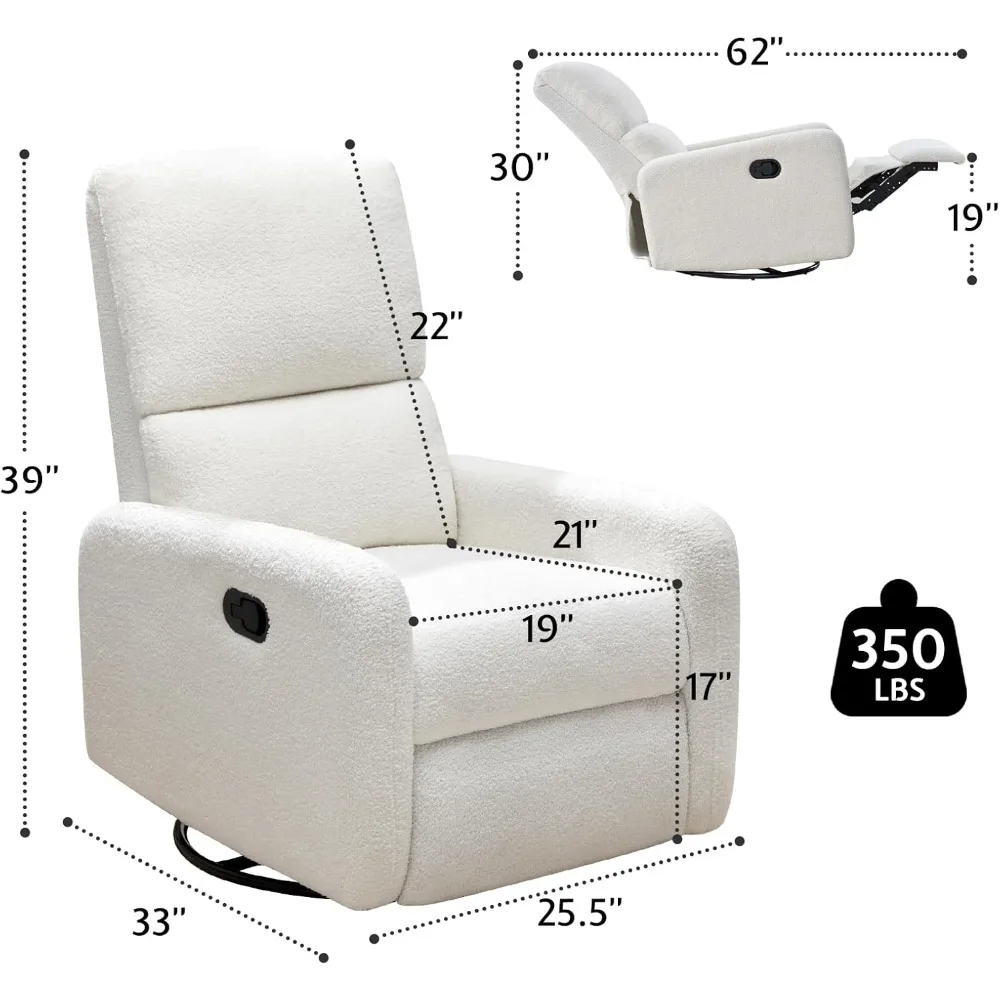 Swivel Rocking Chair, Nursery Glider Recliner Chairs for Adults, Rocker for Living Room , Reclining Single Sofa, Off-White Teddy