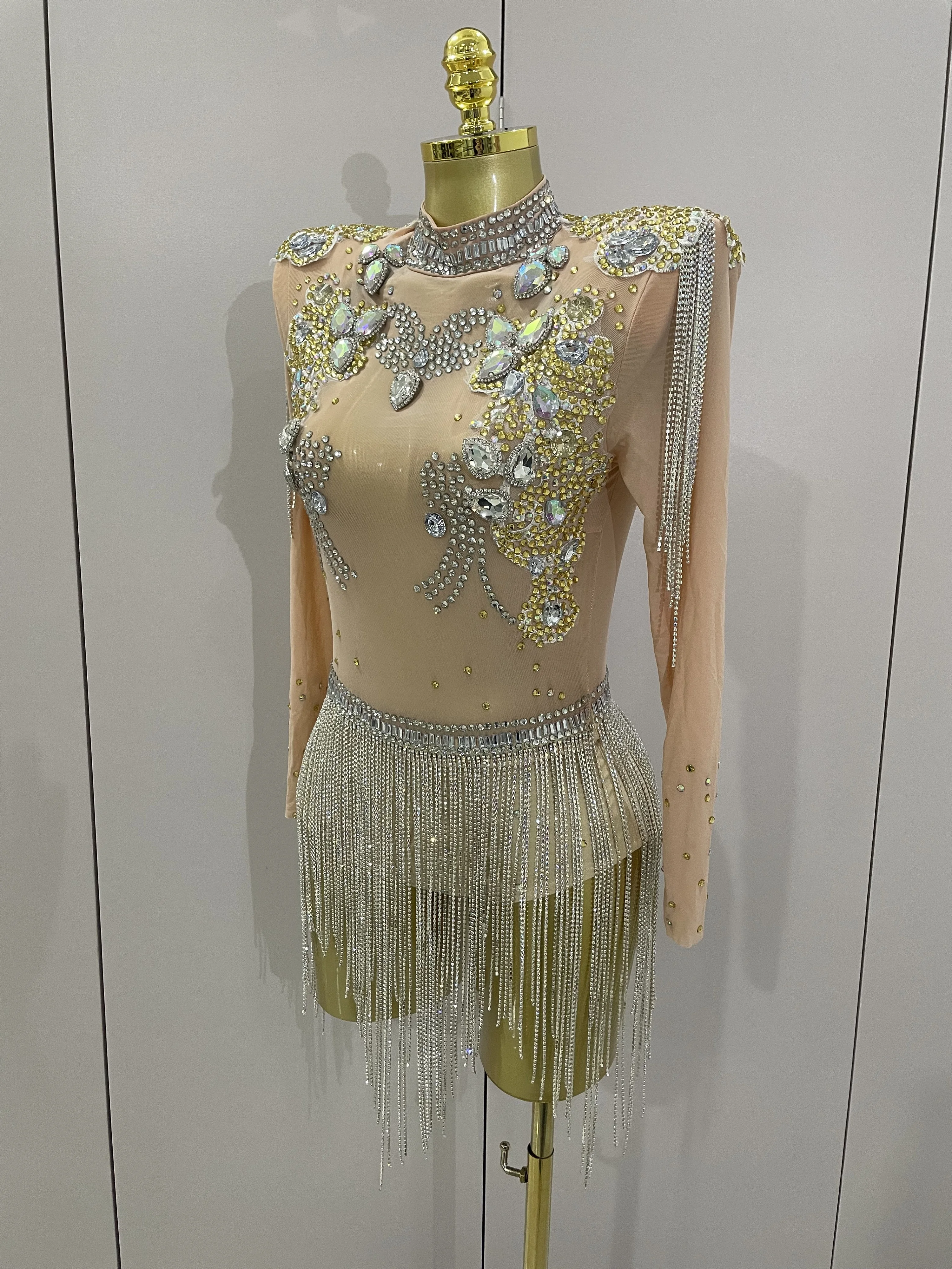 2025 新ファッション光沢のあるラインストーンタッセルボディスーツセクシーなメッシュダイヤモンドステージショージャンプスーツ女性ナイトクラブ誕生日パーティードレス