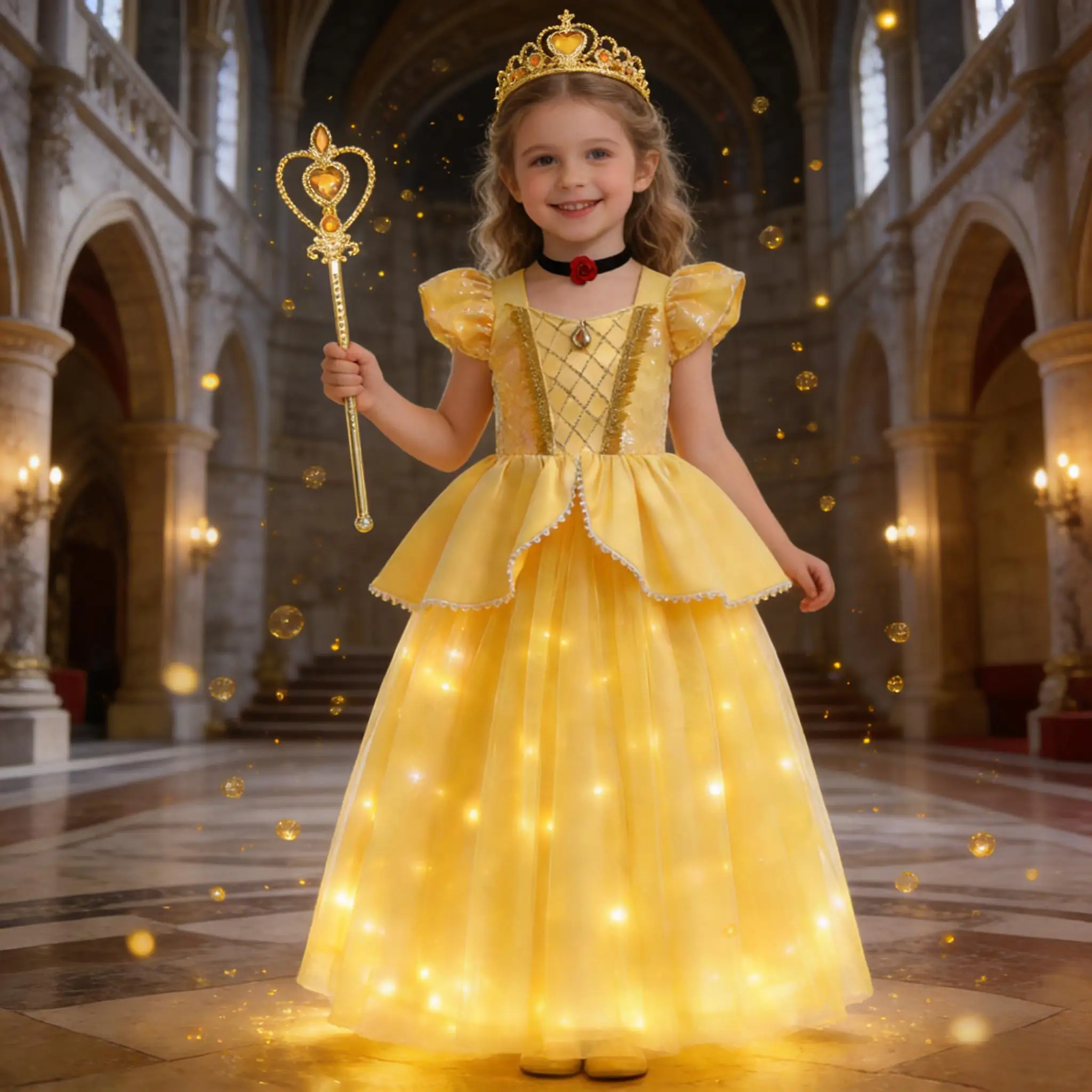 

Костюм принцессы Белль для девочек: желтое платье с цветочным принтом, открытыми плечами, сеткой и светодиодной подсветкой. Идеально для Хэллоуина, дня рождения или в качестве сюрприза.