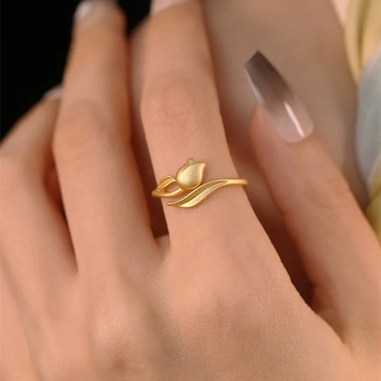 14k Gold Color Tulip Ring for Women's Opening Finger Ring Party Birthday Valentine's Day Exquisite Jewelry Gifts Not Fade