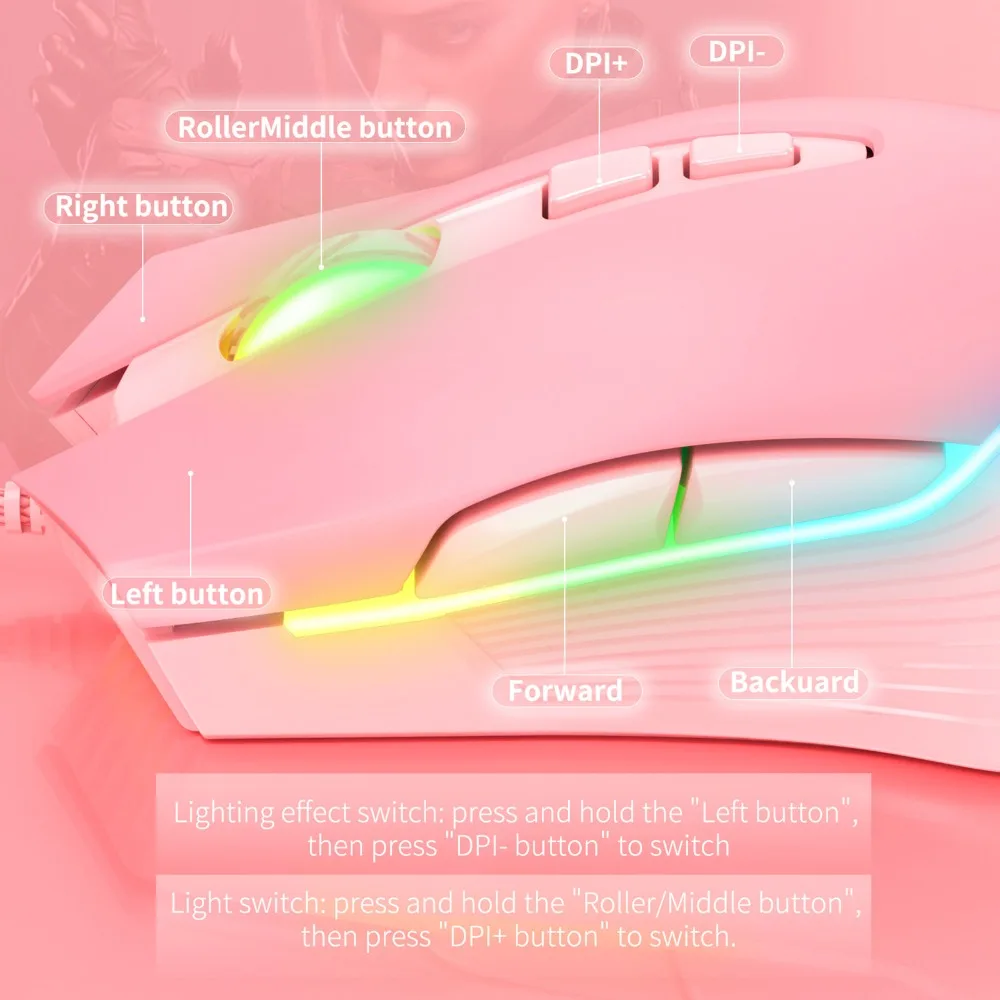 RGB LED Light CW905 Wired Gaming Mouse Adjustable 6400DPI 7 Buttons Optical Gaming Mouse USB Gaming Mouse for Office Work