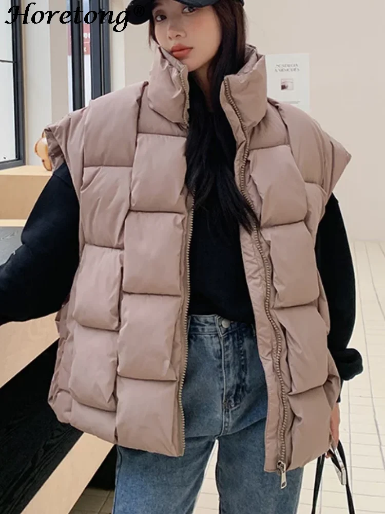 Horetong Autumn Winter Sleeveless Jackets Women 2022 Korean Fashion Cotton Padded Down Vest Loose Warm Thick Zipper Waistcoat