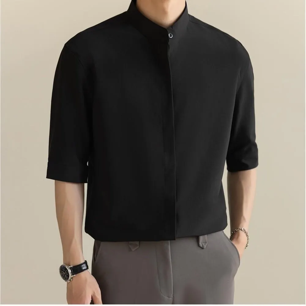 Summer New Men's Light Mature Wind Shirt Men's Korean Version Slim-fit Non-ironing Ice Silk Five-and-a-half-minute Sleeve Shirt