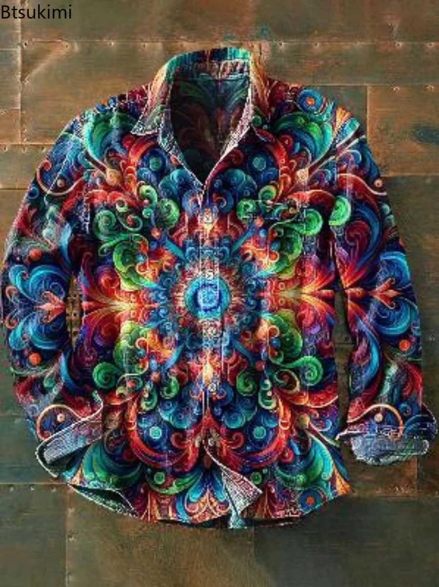 2025 New Men's Vintage Casual Shirts 3D Print Loose Casual Lapel Shirt Jackets Male Streetwear Spring Autumn Long Sleeve Shirts - Image 3