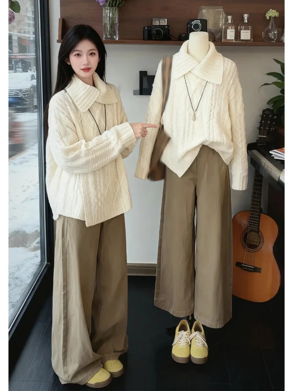 

Тяжелый вязаный свитер в стиле ретро с асимметричным воротником, открытый кардиган, свободная верхняя одежда для ленивых, зимняя женская мода