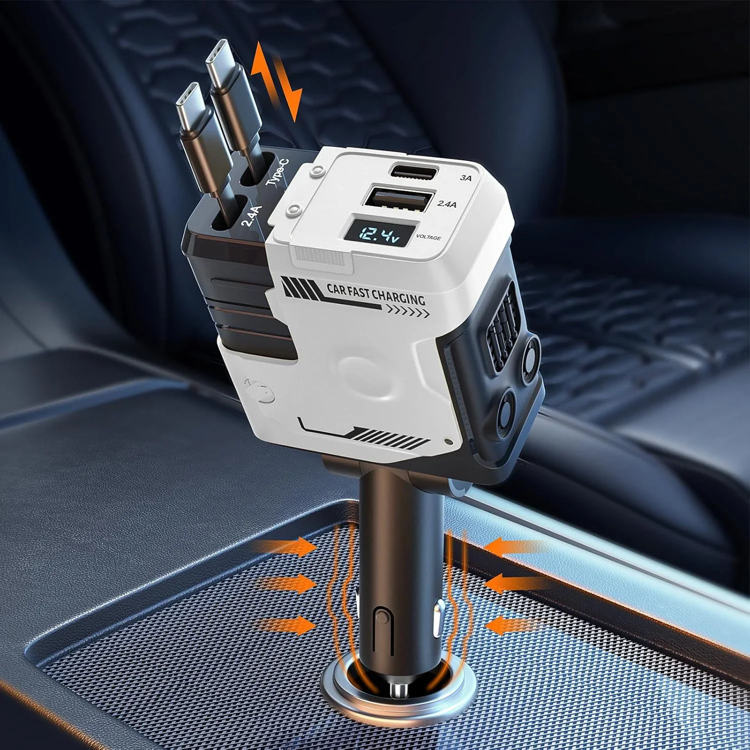 شاحن سيارة PD بقدرة 120 وات مع كابل 4 في 1 قابل للسحب، شحن سريع لهاتف iPhone Samsung Huawei، محول ولاعة