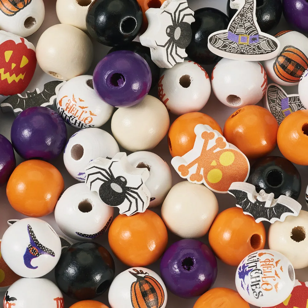 1Set Halloween Spray Painted Natural Wood Beads with 5M Jute Cord for DIY Halloween Party Gift Home Ornament Accessories