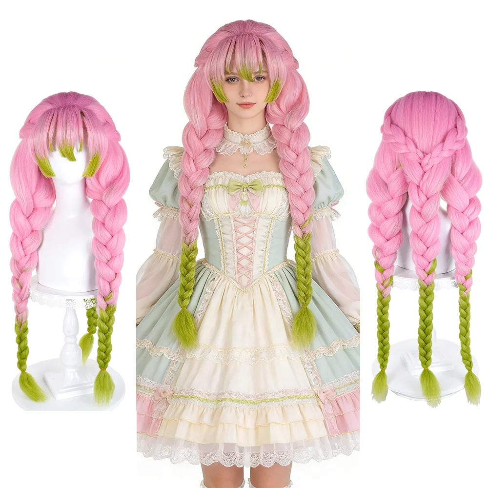 

Парик для косплея Канроджи Мицури с челкой, градиентный розово-зеленый, с 3-прядными косами, дышащая сетка-розочка, для женщин, для аниме-костюмированных вечеринок