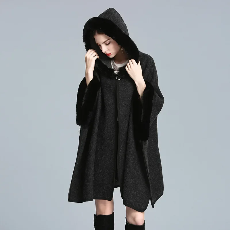 Autumn Winter New Imitation Otter Rabbit Fur Collar Hooded Shawl Cape Imitation Wool Woolen Loose  Ponchos Capes Coffee Cloak B1