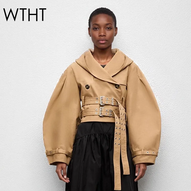 

WTHT модная женская свободная куртка с капюшоном и двойным поясом, осень 2021, новое женское пальто с длинными рукавами 1LS2636
