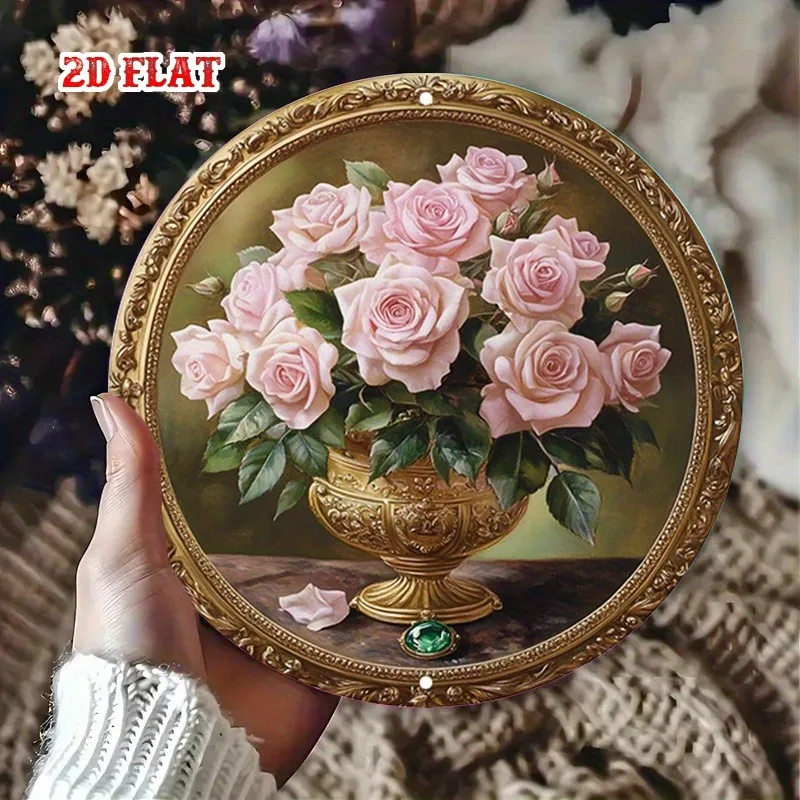 Klassisches Blechdekor – elegantes Goldrahmen-Gemälde aus rosa Rosen in verzierter Vase, rundes Poster für Wohnzimmer, Studio oder Diner-Terrasse