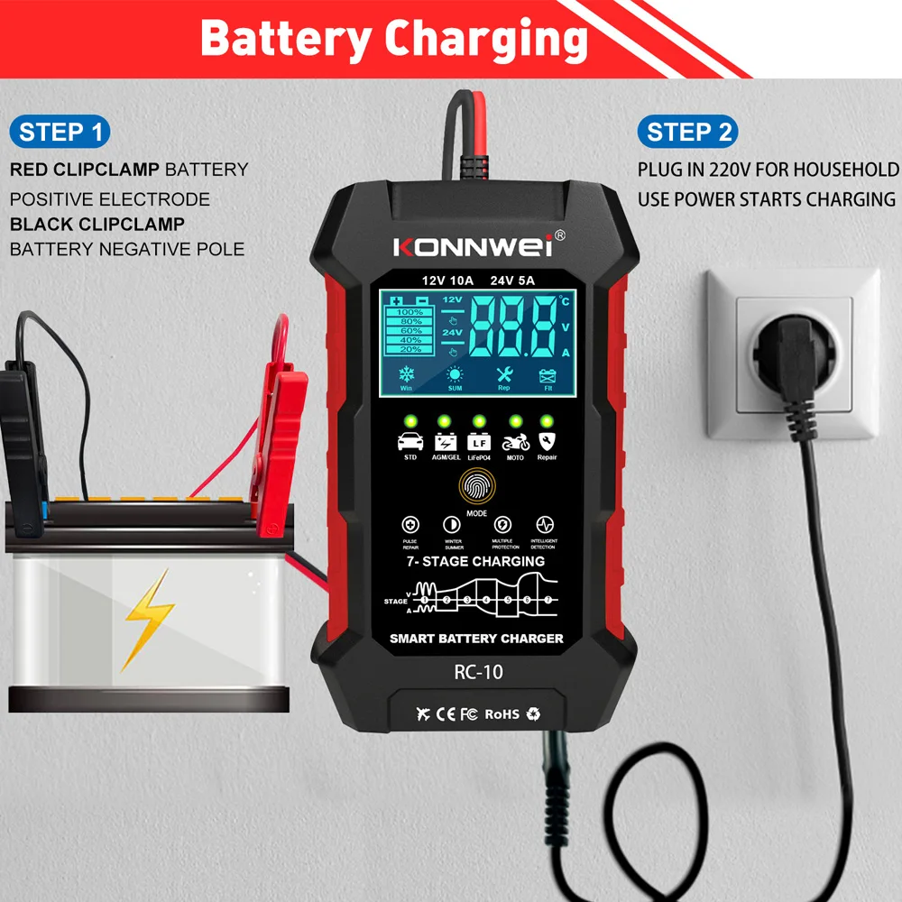 

Car Battery Tester Charger Tool RC-10 for Battery 12V 10A 24V 5A Automatic Battery Charger & Pulse Repair Tool Wet Dry Lead Acid