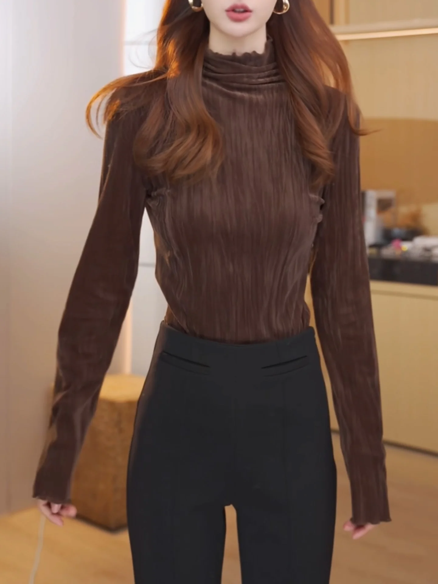 

Fall Winter plus Size Luxury Women's High Ne Slim Fit Base irt Pure Color French Sle Long Sve Crew Ne Top