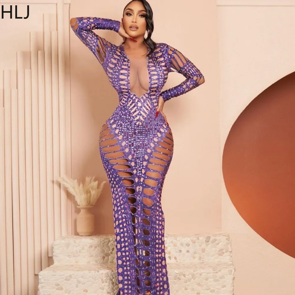 

HLJ Sexy Rhinestone Hollow Out Deep V Bodycon Party Nightclub Dress Women Long Sleeve Hole Slim Vestidos Fashion Female Clothing