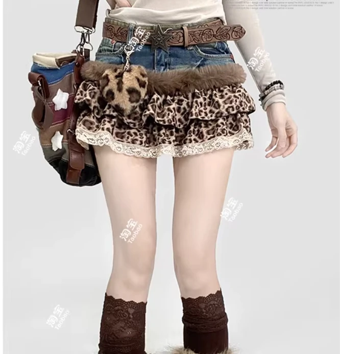 Vrouwelijke zomer Amerikaanse retro Y2k sexy cake luipaardprint rok mode persoonlijkheid lage taille kant splitsen vrije tijd denim rokken